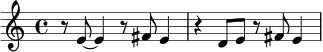 
\relative c' {
  \time 4/4
  r8 e8~ e4 r8 fis8 e4 | r4 d8 e r8 fis8 e4 |
}
