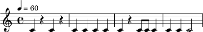 \drummode {
\time 4/4
\tempo 4 = 60
bd4 r sn r |
bd4 hh sn hh |
bd4 r sn8 hh hh4 |
bd4 hh sn2 |
}