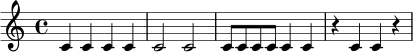 \relative c' { \time 4/4 c4 c c c | c2 c2 | c8 c c c c4 c | r4 c c r | }
