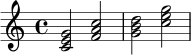 \relative c' {
\key c \major
\time 4/4
<c e g>2 <f a c> |
<g b d>2 <c e g> |
}