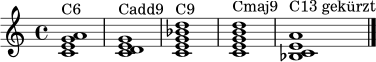 \relative c' {
\clef treble
\time 4/4
<c e g a>1^\markup "C6"
<c d e g>1^\markup "Cadd9"
<c e g bes d>1^\markup "C9"
<c e g b d>1^\markup "Cmaj9"
<c e bes a'>1^\markup "C13 gekürzt"
\bar "|."
}