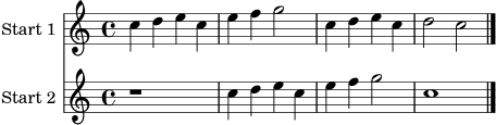 \score {
<<
\new Staff \with { instrumentName = "Start 1" midiInstrument = "flute" } \relative c'' {
\time 4/4
c4 d e c | e f g2 | c,4 d e c | d2 c \bar "|."
}
\new Staff \with { instrumentName = "Start 2" midiInstrument = "flute" } \relative c'' {
\time 4/4
r1 | c4 d e c | e f g2 | c,1 \bar "|."
}
>>
\layout { }
\midi { \tempo 4 = 96 }
}