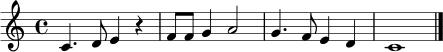 \relative c' { \clef treble \time 4/4 c4. d8 e4 r4 | f8 f g4 a2 | g4. f8 e4 d | c1 \bar "|." }
