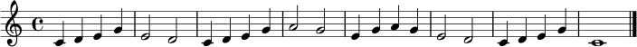 \relative c' { \clef treble \key c \major \time 4/4 c4 d e g | e2 d2 | c4 d e g | a2 g2 | e4 g a g | e2 d2 | c4 d e g | c,1 \bar "|." }