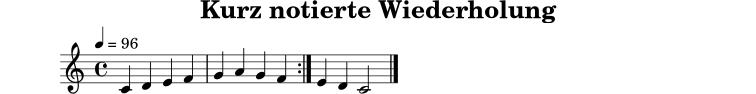 
X:10
T:Kurz notierte Wiederholung
M:4/4
L:1/4
Q:1/4=96
K:C
|: C D E F | G A G F :| E D C2 |]
