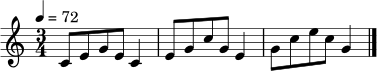 {
\clef treble
\key c \major
\time 3/4
\tempo 4 = 72
c'8 e' g' e' c'4
e'8 g' c'' g' e'4
g'8 c'' e'' c'' g'4
\bar "|."
}