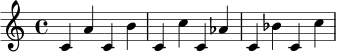 { c'4 a' c' b' c' c'' c' aes' c' bes' c' c'' }