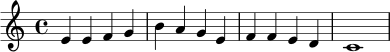 \relative c' { \clef treble \key c \major \time 4/4 e4 e f g | b4 a g e | f4 f e d | c1 }
