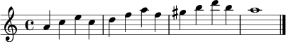 \relative c'' {
\key a \minor
\time 4/4
a4 c e c |
d f a f |
gis b d b |
a1 \bar "|."
}
