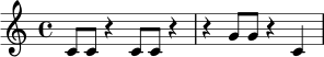 \relative c' {
\time 4/4
c8 c r4 c8 c r4 |
r4 g'8 g r4 c,4 |
}
