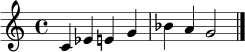 \language "english"
\relative c' {
\time 4/4
\key c \major
c4 ef e g |
bf4 a g2 \bar "|."
}
