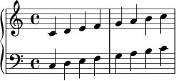 \language "deutsch"
\score {
\new PianoStaff <<
\new Staff = "rechts" \relative c' {
\clef treble
\time 4/4
c4 d e f
g a h c
}
\new Staff = "links" \relative c {
\clef bass
\time 4/4
c4 d e f
g a h c
}
>>
\layout { }
}