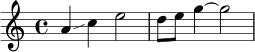 
\relative c'' {
  \time 4/4
  a4\glissando c4 e2 |
  d8 e g4~ g2 |
}
