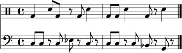 \score {
<<
\new DrumStaff \drummode { \time 4/4 bd4 sn8 bd r bd sn4 | bd8 bd sn4 bd8 r sn4 | }
\new Staff \relative c { \set Staff.midiInstrument = "synth bass 1" \clef bass \time 4/4 c8 c r c es r c r | c c r c bes r g r \bar "|." }
>>
\layout { }
\midi { \tempo 4 = 90 }
}