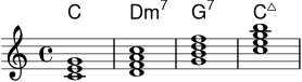 \version "2.24.0"
\header { tagline = ##f }
\score {
<<
\new ChordNames \chordmode {
c1
d:m7
g:7
c:maj7
}
\new Staff \relative c' {
\clef treble
<c e g>1
<d f a c>1
<g b d f>1
<c e g b>1
}
>>
\layout { }
\midi { \tempo 4 = 66 }
}