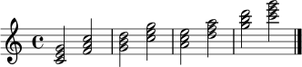 
\relative c' { \time 4/4 <c e g>2 <f a c> | <g b d> <c e g> | <a c e> <d f a> | <g b d> <c e g> \bar "|." }
