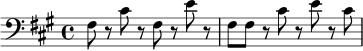 \relative c {
\clef bass
\key fis \minor
\time 4/4
fis8 r cis' r fis, r e' r |
fis,8 fis r cis' r e r cis |
}