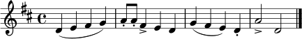 \relative c' {
\clef treble
\time 4/4
\key d \major
d4( e fis g) | a8-. a-. fis4-> e d | g4( fis e) d-. | a'2-> d,2 \bar "|."
}