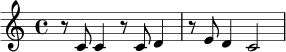 \relative c' {
\time 4/4
r8 c8 c4 r8 c8 d4 | r8 e8 d4 c2
}