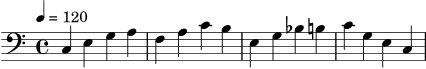 \version "2.20.0"
\score {
\new Staff \relative c {
\set Staff.midiInstrument = "acoustic bass"
\clef bass
\key c \major
\time 4/4
\tempo 4 = 120
c4 e g a |
f4 a c b |
e,4 g bes b |
c4 g e c |
}
\layout { }
\midi { }
}