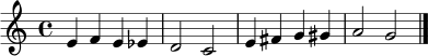 \relative c' { \clef treble \time 4/4 \key c \major e4 f e ees | d2 c | e4 fis g gis | a2 g \bar "|." }