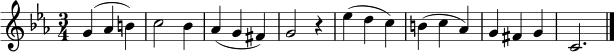 \relative c'' { \key c \minor \time 3/4 g4( aes b) | c2 bes4 | aes4( g fis) | g2 r4 | es'4( d c) | b4( c aes) | g4 fis g | c,2. \bar "|." }