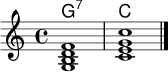 \version "2.24.0"
\header { tagline = ##f }
\score {
<<
\new ChordNames \chordmode { g1:7 c }
\new Staff \relative c' {
\clef treble
\key c \major
\time 4/4
<g b d f>1 | <c e g c>1 \bar "|."
}
>>
\layout { indent = 0\mm }
\midi { \tempo 4 = 64 }
}