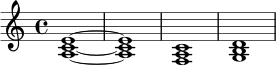 \relative c' {
\key a \minor
\time 4/4
<a c e>1~ |
<a c e>1 |
<f a c>1 |
<g b d>1 |
}