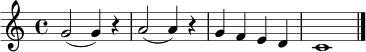 \relative c'' { \set Staff.midiInstrument = "flute" \time 4/4 g2( g4) r | a2( a4) r | g4 f e d | c1 \bar "|." }