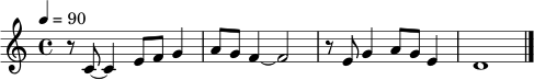 
\relative c' {
  \key c \major
  \time 4/4
  \tempo 4 = 90
  r8 c8~ c4 e8 f g4 |
  a8 g f4~ f2 |
  r8 e8 g4 a8 g e4 |
  d1 \bar "|."
}
