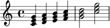 \relative c' {
\time 4/4
<c e g>4 <d f a> <e g b> <f a c> |
<g b d>2 <c e g> |
}