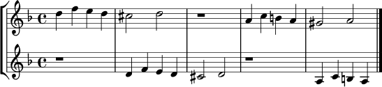 
\score {
  \new StaffGroup <<
    \new Staff \relative c'' {
      \clef treble
      \key d \minor
      \time 4/4
      d4 f e d | cis2 d | r1 | a4 c b a | gis2 a \bar "|."
    }
    \new Staff \relative c' {
      \clef treble
      \key d \minor
      \time 4/4
      r1 | d4 f e d | cis2 d | r1 | a4 c b a \bar "|."
    }
  >>
  \layout { }
  \midi { \tempo 4 = 80 }
}
