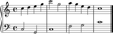 \new PianoStaff <<
\new Staff \relative c'' {
\time 4/4
c4 d4 e4 g4 |
c2 g2 |
a4 g4 e4 d4 |
c1 \bar "|."
}
\new Staff \relative c {
\clef bass
c2 g2 |
c1 |
f2 g2 |
c1
}
>>