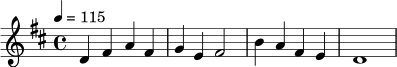 \relative d' { \key d \major \time 4/4 \tempo 4=115 d4 fis a fis | g e fis2 | b4 a fis e | d1 | }