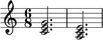 \relative c' {
\time 6/8
<c e g>2. | <a c e>2. |
}