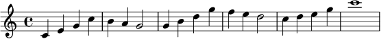 \relative c' { \key c \major \time 4/4 c4 e g c | b4 a g2 | g4 b d g | f4 e d2 | c4 d e g | c1 | }
