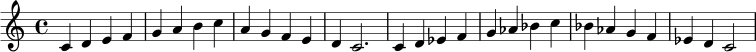 {
\clef treble
\time 4/4
c'4 d' e' f' | g' a' b' c'' | a' g' f' e' | d' c'2. |
c'4 d' ees' f' | g' aes' bes' c'' | bes' aes' g' f' | ees' d' c'2 |
}