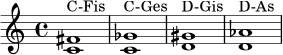 {
\clef treble
\time 4/4
<c' fis'>1^\markup { "C-Fis" }
<c' ges'>^\markup { "C-Ges" }
<d' gis'>^\markup { "D-Gis" }
<d' aes'>^\markup { "D-As" }
}