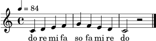 \version "2.24.1"
\score {
<<
\new Staff {
\clef treble
\key c \major
\time 4/4
\tempo 4 = 84
\relative c' {
c4 d e f | g f e d | c2 r2 \bar "|."
}
}
\addlyrics { do re mi fa so fa mi re do }
>>
\layout { }
\midi { }
}