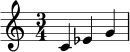 
\relative c' {
  \clef treble
  \time 3/4
  c4 ees g
}
