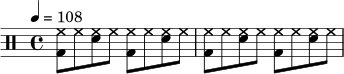\version "2.24.0"
\new DrumStaff \drummode {
\time 4/4
\tempo 4 = 108
<bd hh>8 hh <sn hh> hh <bd hh> hh <sn hh> hh |
<bd hh>8 hh <sn hh> hh <bd hh> hh <sn hh> hh |
}