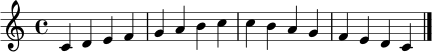 \relative c' {
\clef treble
\key c \major
\time 4/4
c4 d e f | g a b c | c b a g | f e d c \bar "|."
}