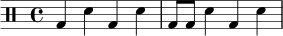 
\new DrumStaff \drummode {
  \time 4/4
  bd4 sn bd sn |
  bd8 bd sn4 bd sn |
}
