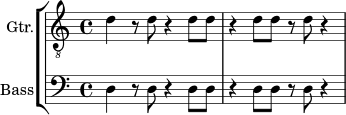 \new StaffGroup <<
\new Staff \with { instrumentName = "Gtr." } {
\clef "treble_8"
\time 4/4
d'4 r8 d'8 r4 d'8 d'8 |
r4 d'8 d'8 r8 d'8 r4 |
}
\new Staff \with { instrumentName = "Bass" } {
\clef bass
\time 4/4
d4 r8 d8 r4 d8 d8 |
r4 d8 d8 r8 d8 r4 |
}
>>