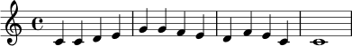 \relative c' { \clef treble \key c \major \time 4/4 c4 c d e | g4 g f e | d4 f e c | c1 }
