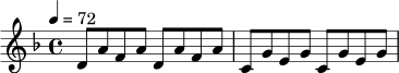 
\relative c' {
  \key d \minor
  \time 4/4
  \tempo 4 = 72
  d8 a' f a d, a' f a |
  c, g' e g c, g' e g |
}
