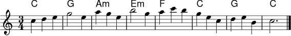 
<<
  \new ChordNames \chordmode { c2. g2. a2.:m e2.:m f2. c2. g2. c2. }
  \new Staff \relative c'' {
    \clef treble
    \key c \major
    \time 3/4
    c4 d e | g2 e4 | a4 g e | b'2 g4 |
    a4 c b | g4 e c | d4 e b | c2. \bar "|."
  }
>>
