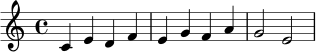 \relative c' { \clef treble \key c \major \time 4/4 c4 e d f | e g f a | g2 e | }