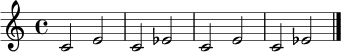\relative c' {
\key c \major
\time 4/4
c2 e
c2 es
c2 e
c2 es
\bar "|."
}