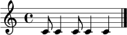 \relative c' {
\time 4/4
c8 c4 c8 c4 c4 \bar "|."
}
